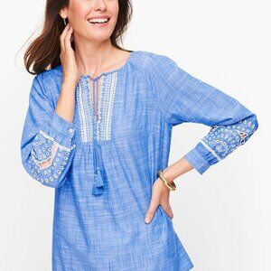 Talbots Blue Chambray Embroidered Tassel Tie Top Size Large